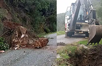 Tire'de dev kayanın yolu kaplaması sonrası müdahale