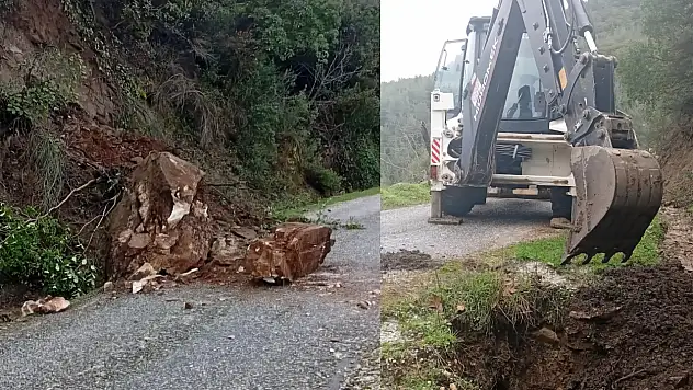 Tire'de dev kayanın yolu kaplaması sonrası müdahale