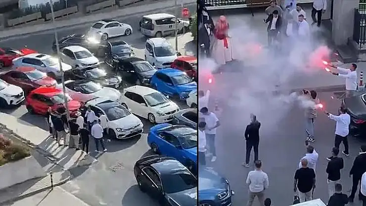 Düğün konvoyu yolu kapatarak trafiğe sebep oldu