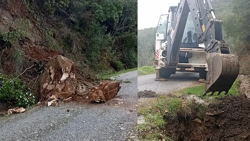 Tire'de dev kayanın yolu kaplaması sonrası müdahale